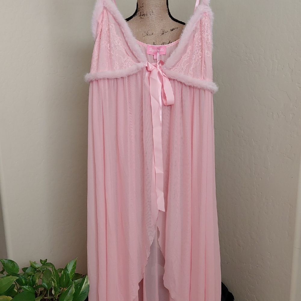 DOLLSKULL SUGAR THRILLZ 1X PINK LONG FLOWY LINGERIE TOP MATCHING THONG